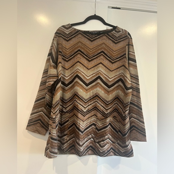 Susan Graver Weekend Womans Printed Ponte Pullover Tunic Brown Flowy Artsy 1X - Picture 2 of 11